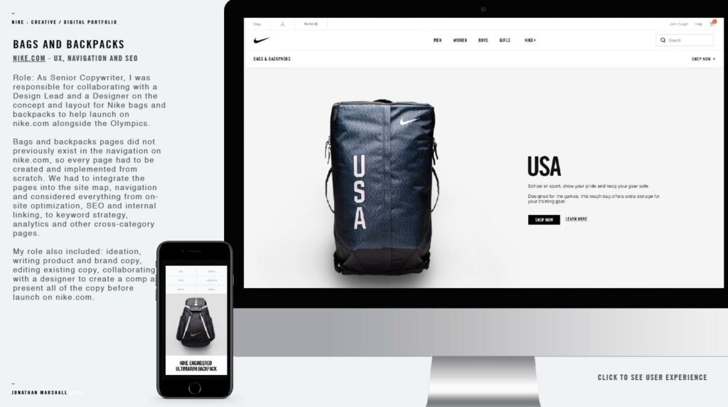 Nike.com website copy for Bags and Backpacks pages to launch for the 2016 Olympics